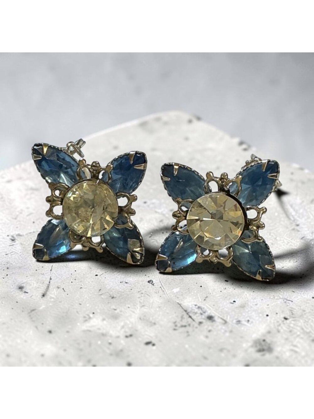 Vintage Rhinestone Blue & Clear Clip-On Earrings 1-Inch Formal Wedding Jewelry